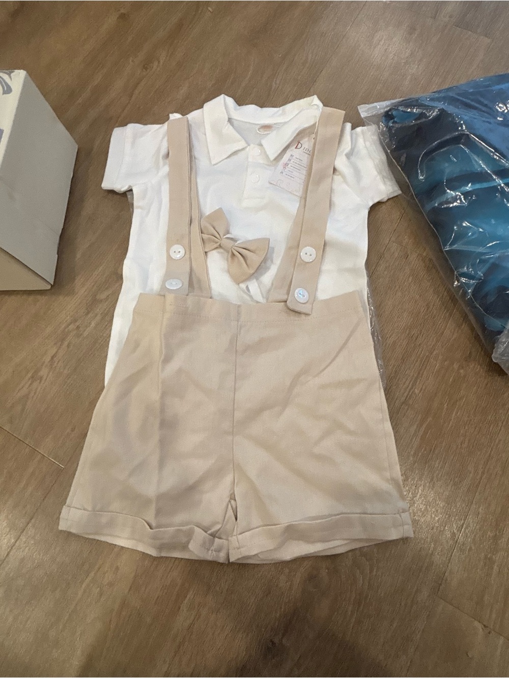 Beige Kids Suspender Short Set with White Polo and Bow